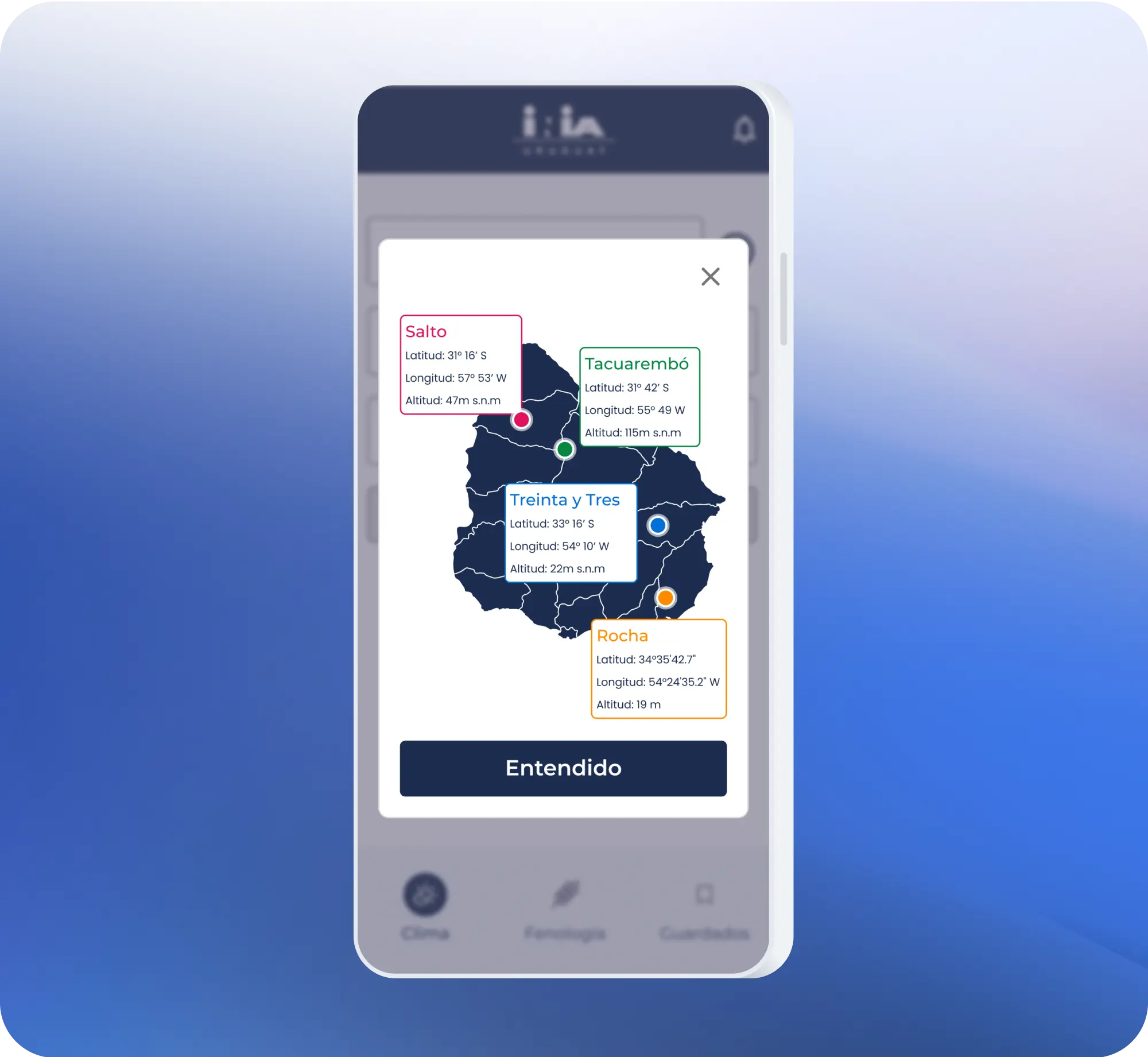 Uruguay weather stations map on mobile app with location and altitude info.