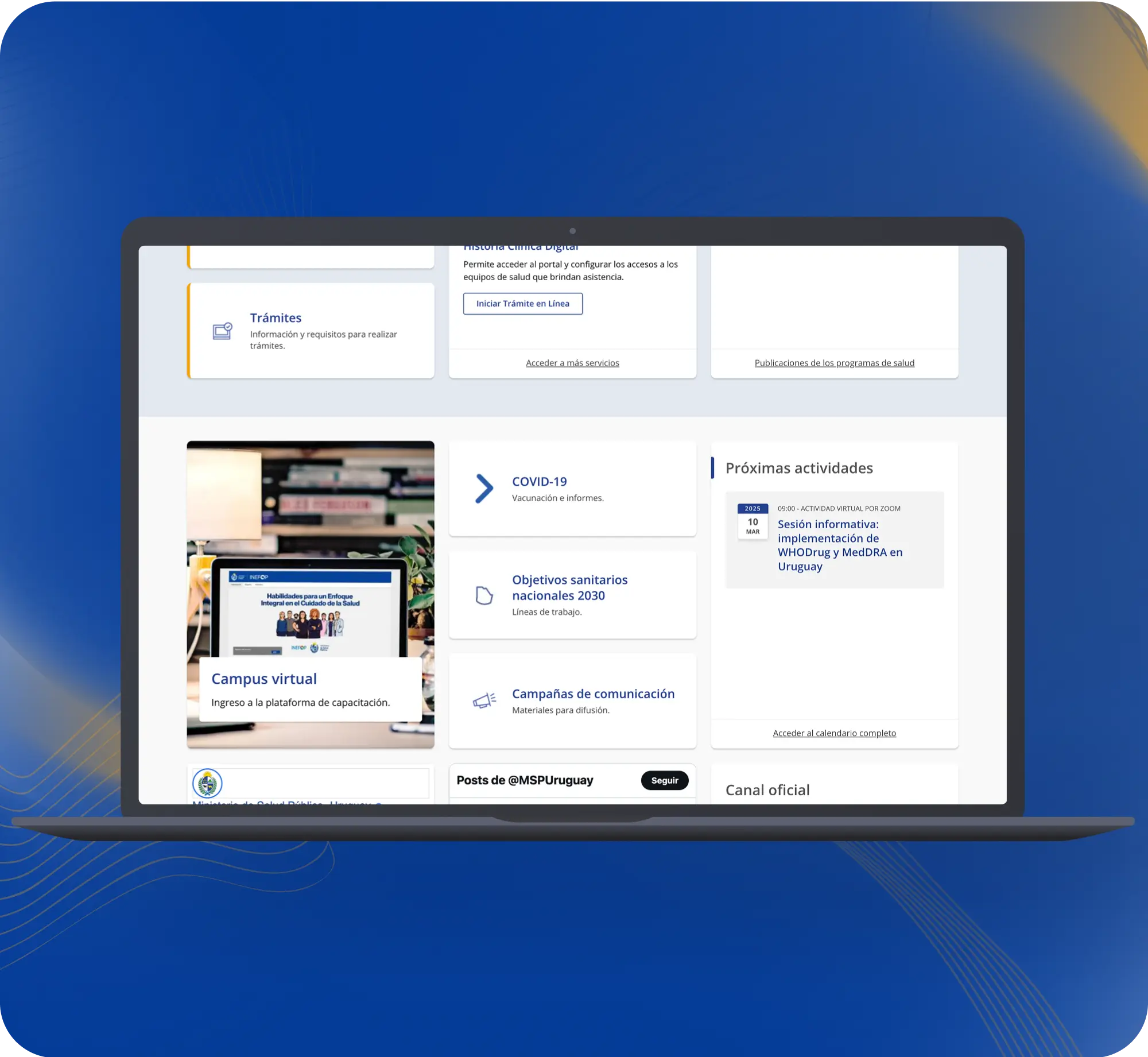 MSP Uruguay website section showing Health Objectives, Campaigns, and Twitter feed.