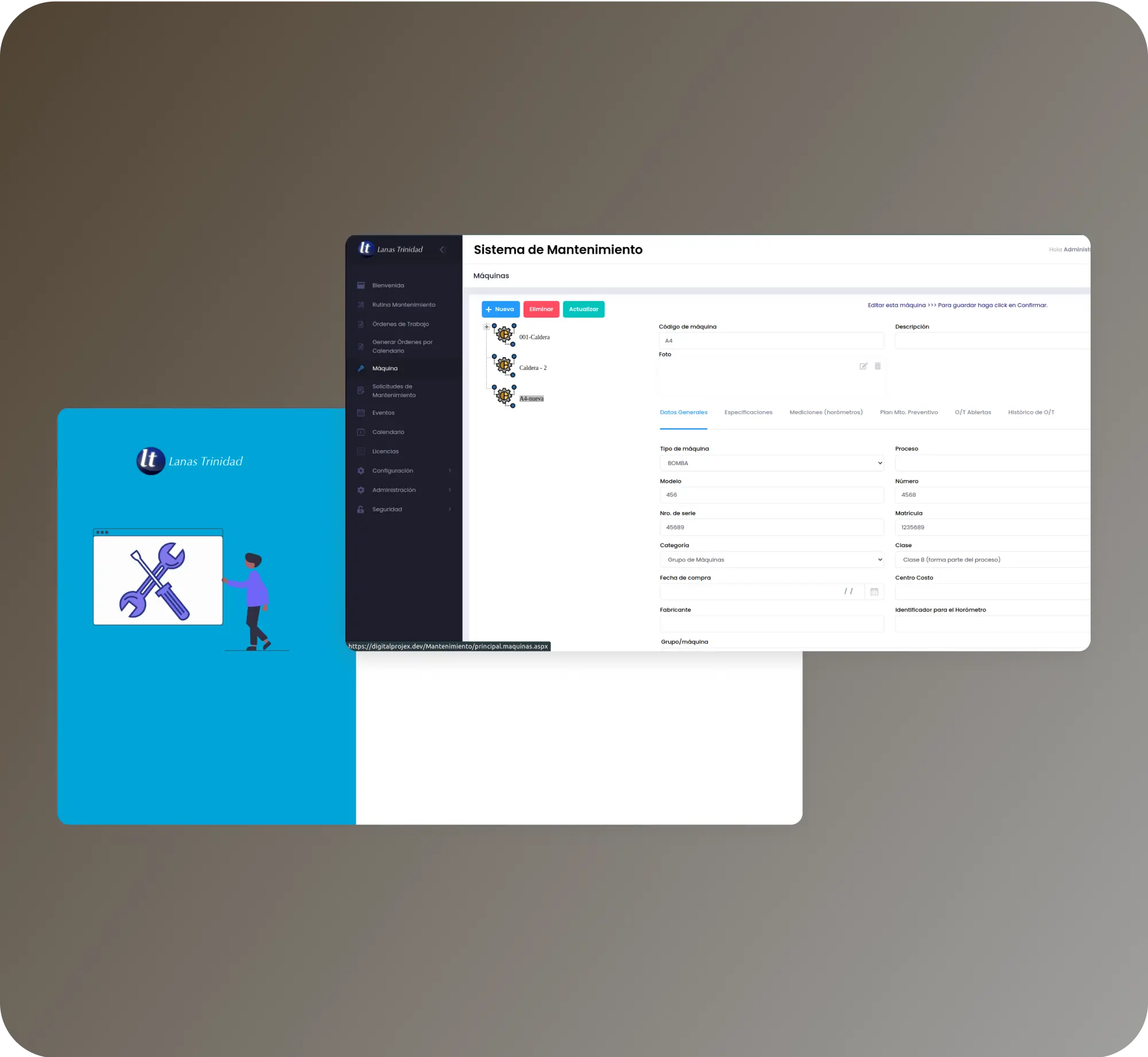 Maintenance management system UI mockup showing equipment list and details.