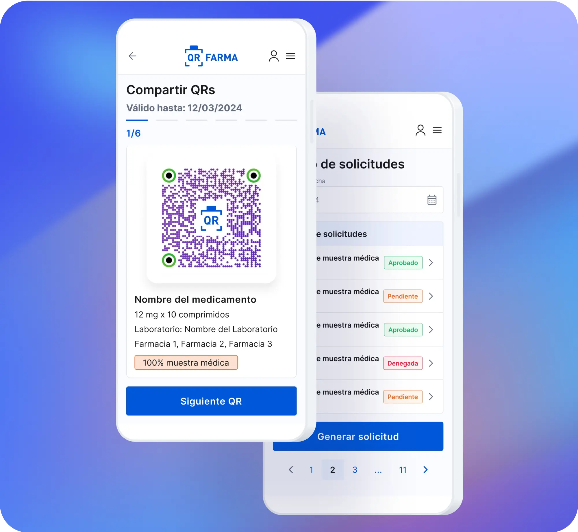 QR FARMA app screens for sharing medication QR codes and viewing sample status.