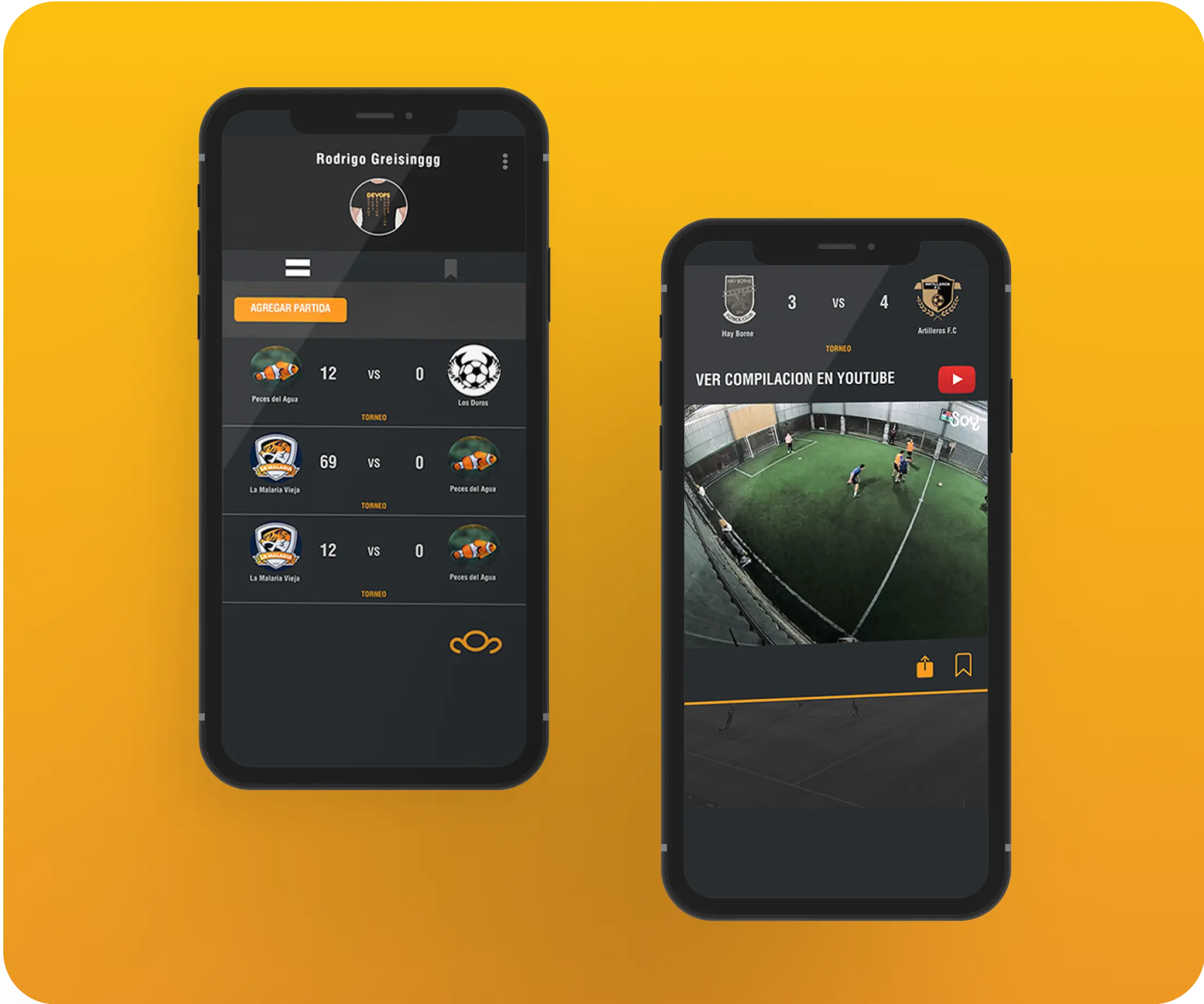 Two smartphone mockups showing soccer stats and video app UI screens.