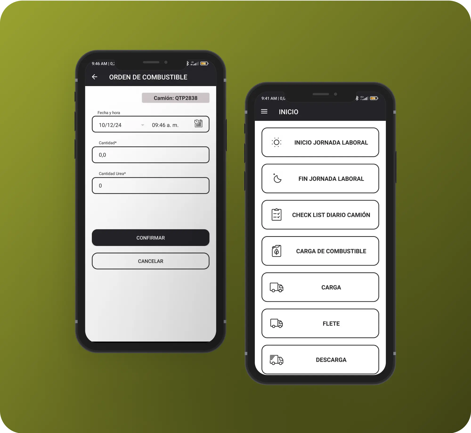 Smartphone mockups showing logistics app UI for fuel orders and driver tasks.