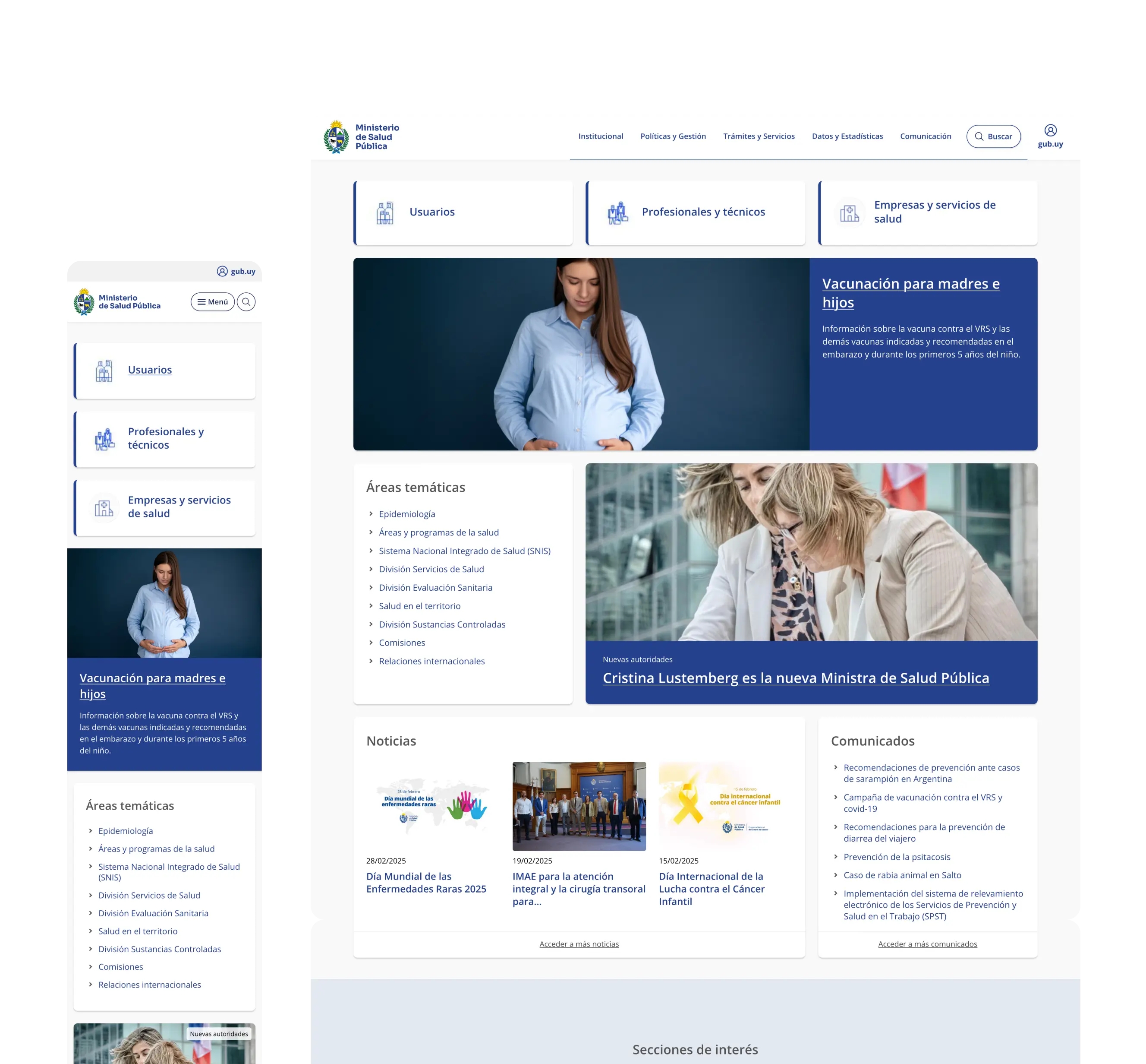 Desktop and mobile views of Uruguay Ministry of Public Health website homepage.