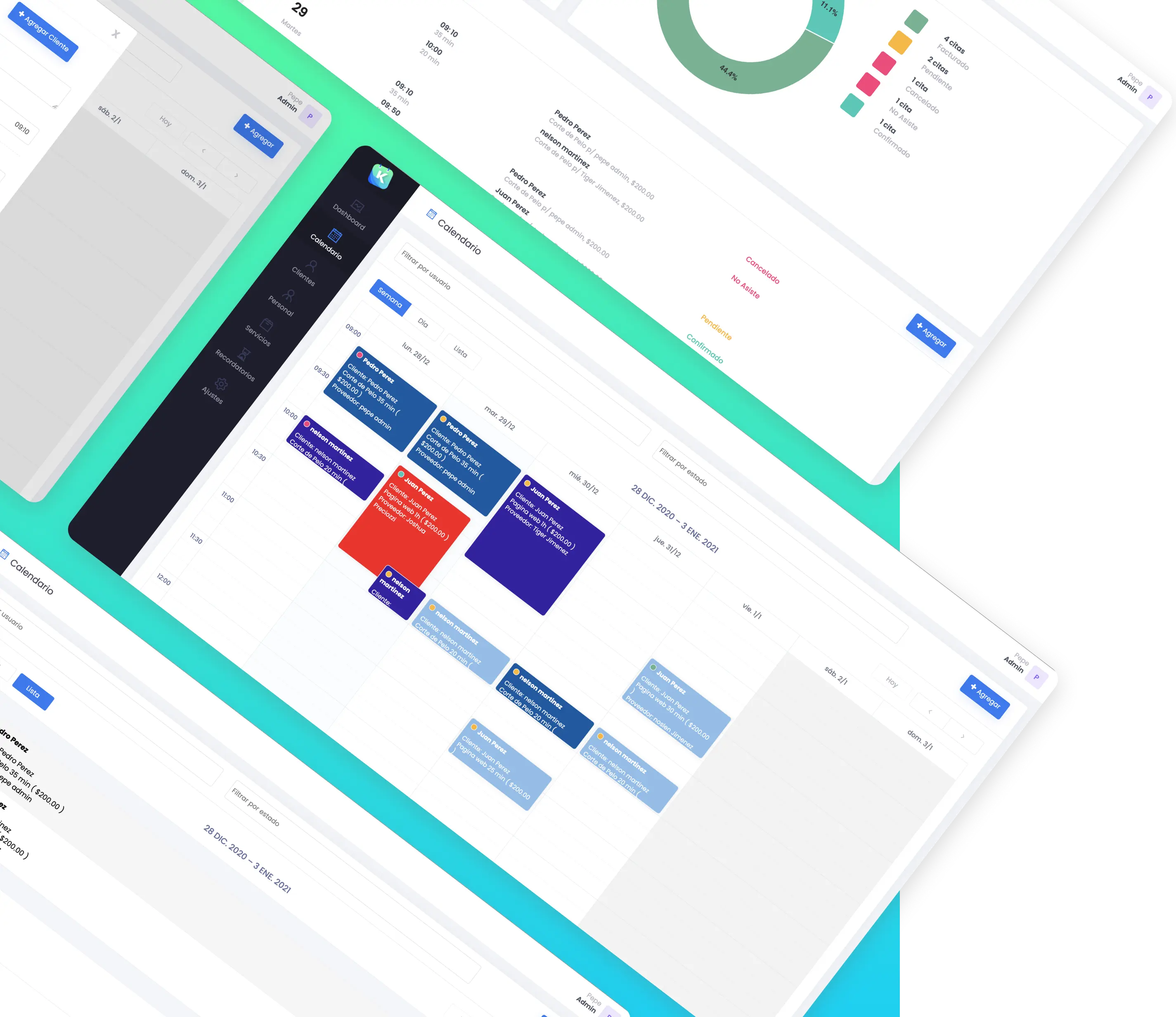 Overlapping screens showing clean web application UI with calendar and dashboard.