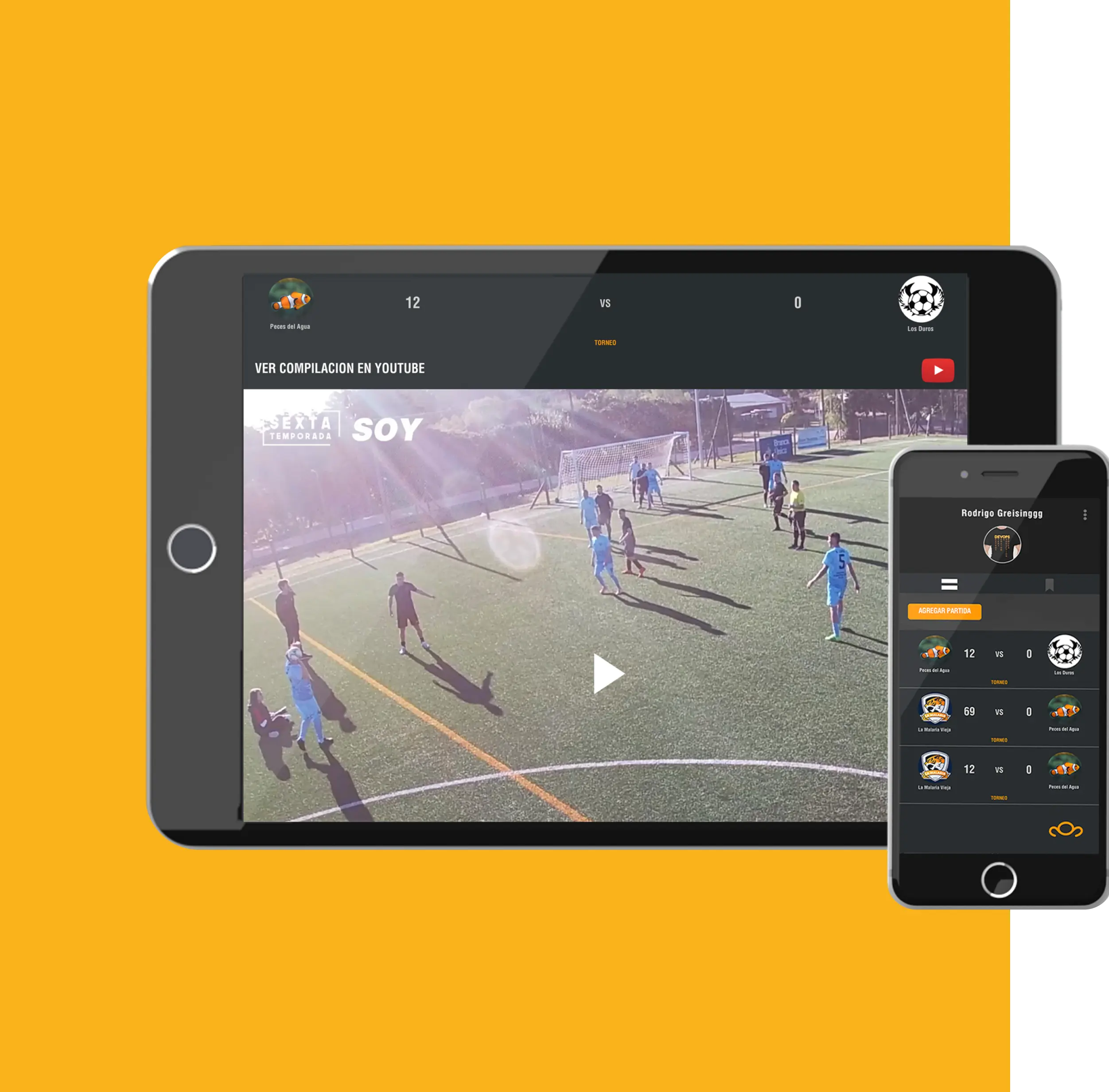 Tablet and smartphone showing soccer video playback and stats app UI.