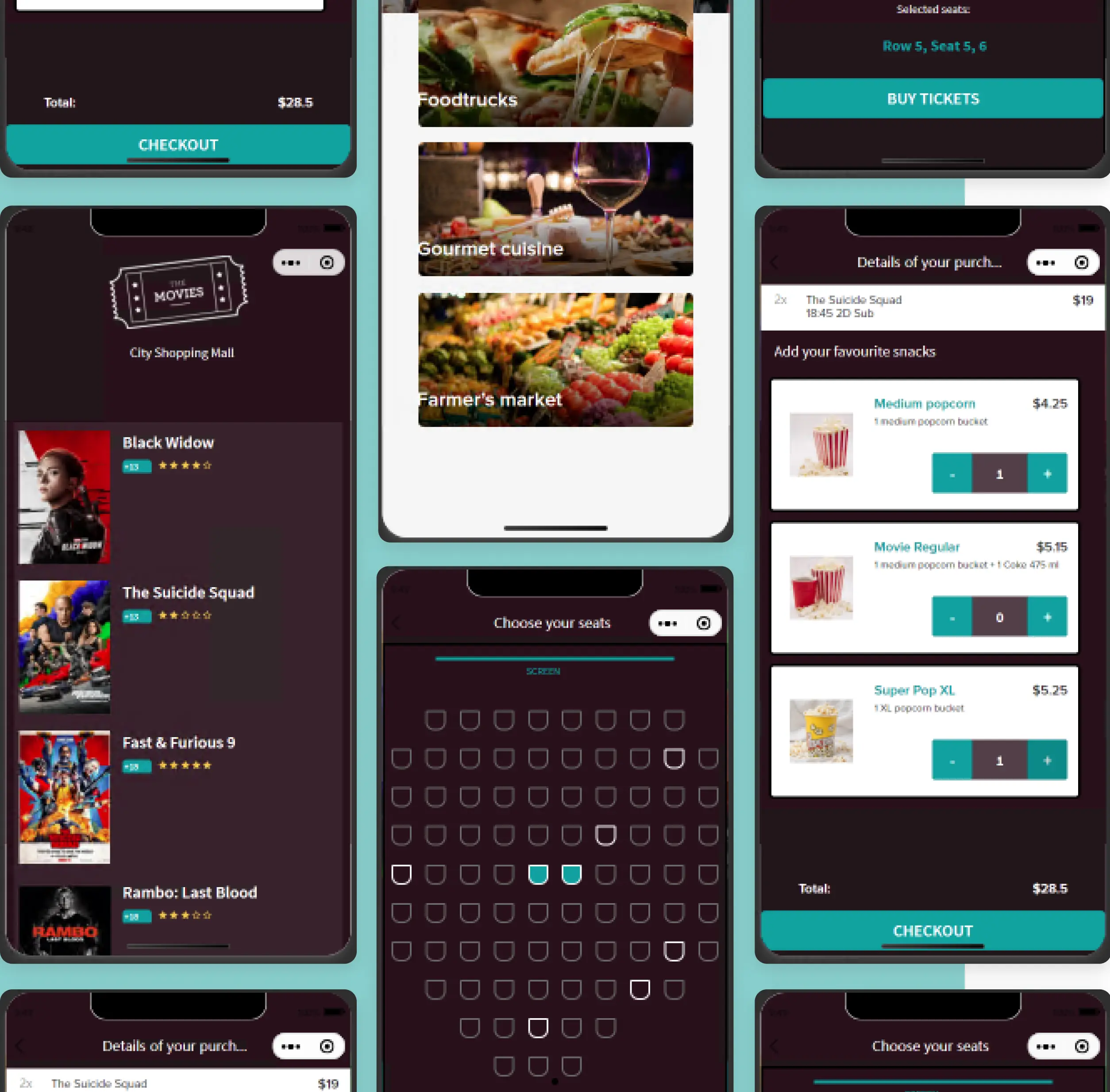 Mobile app UI design screens for movie tickets and food.
