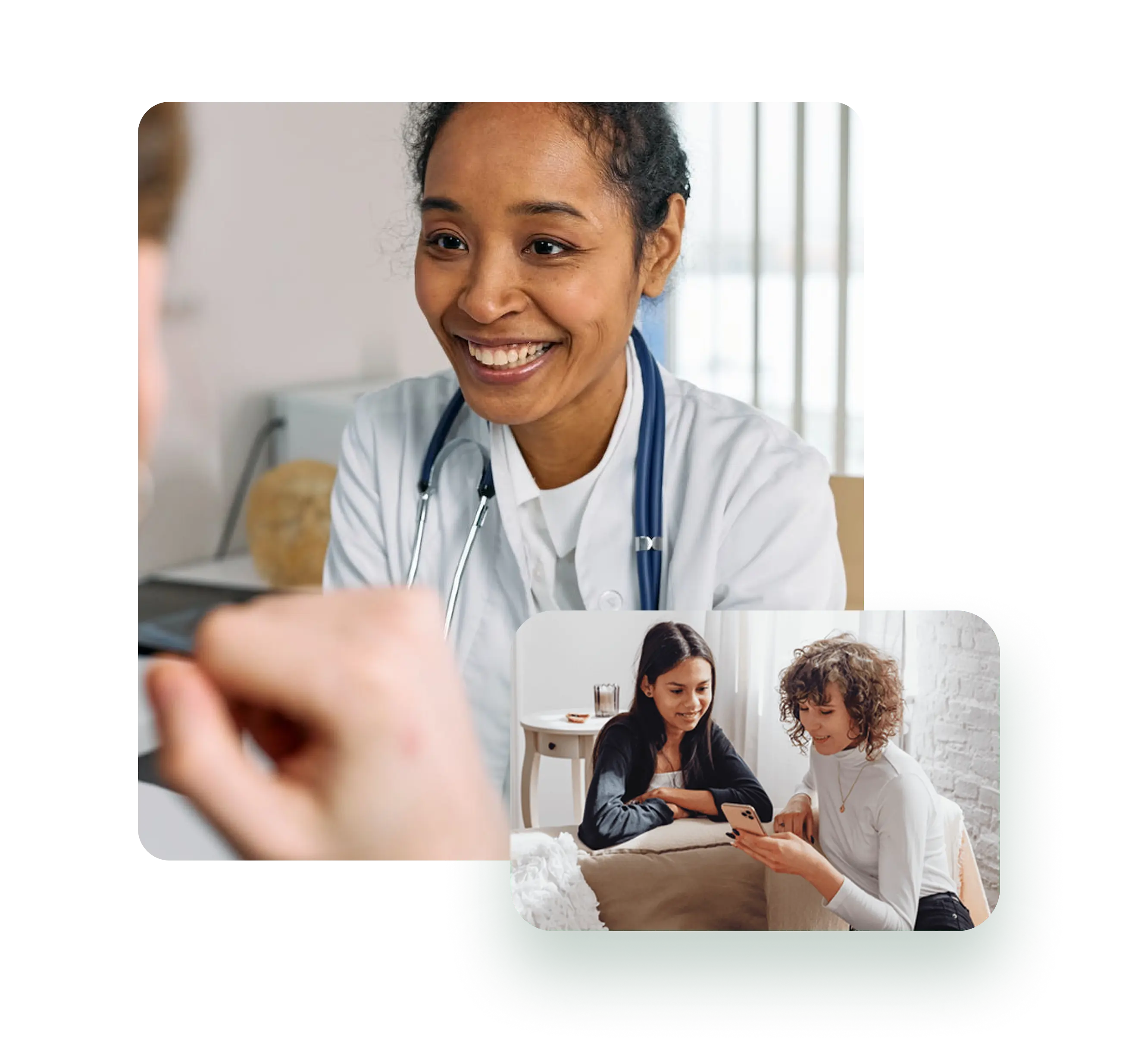 Composite image of doctor consultation and women using health app on smartphone