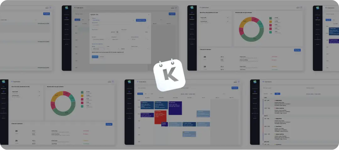 Collage of web application UI screens featuring dashboards and calendars with central K icon