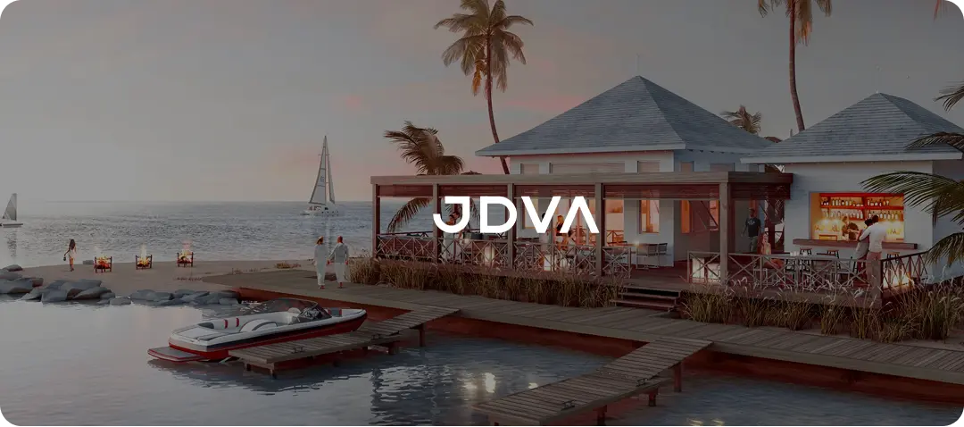 Scenic rendering of JDVA waterfront property with boats and pier