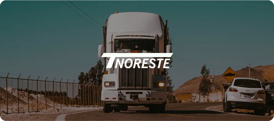 White truck driving on highway with NORESTE logo overlay