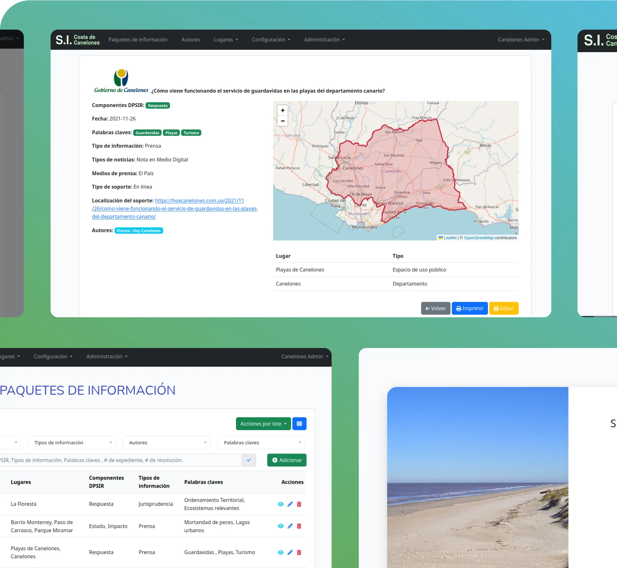 Showcase collage of Canelones Coast Information System UI screens.
