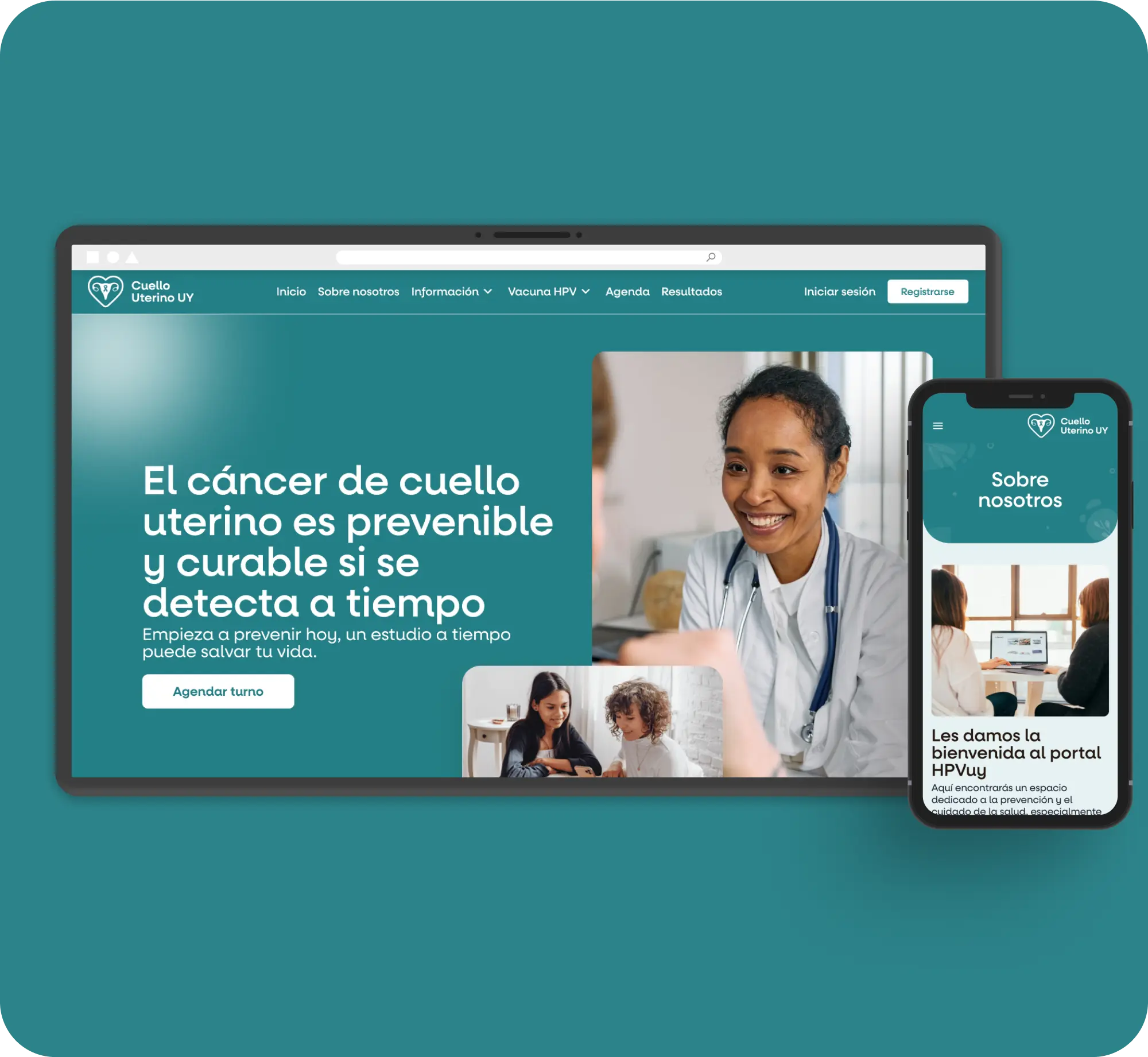 Tablet and smartphone mockups showing HPVUy cervical cancer awareness website UI.