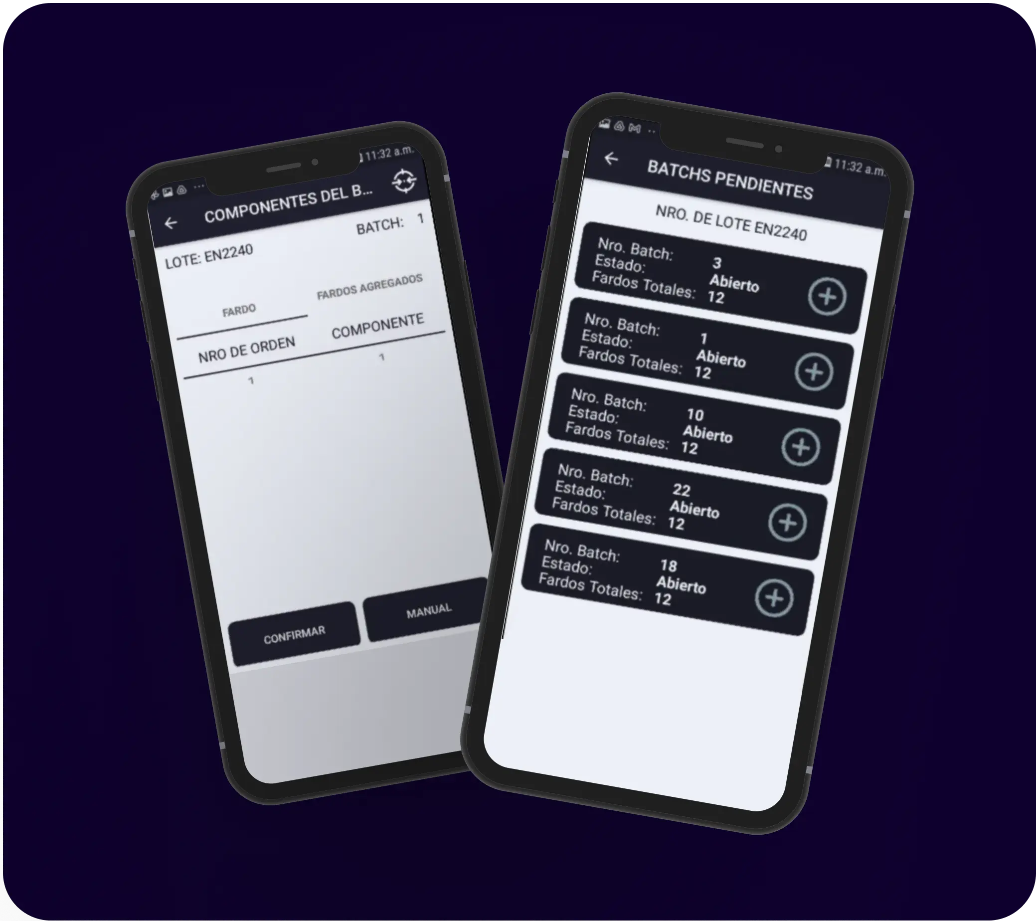 Two smartphone mockups showing batch and component tracking app UI.