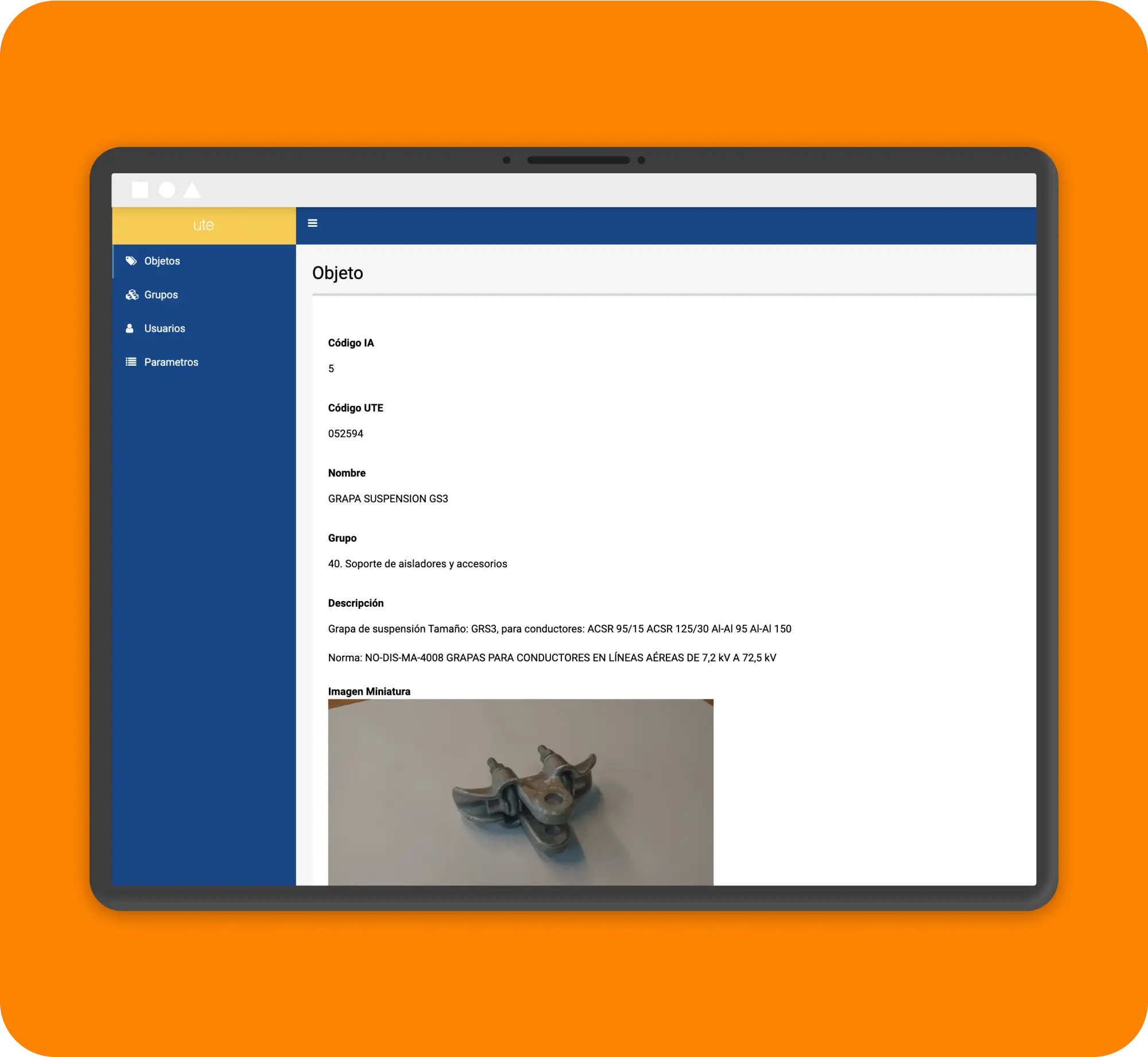 Tablet mockup showing asset details for electrical suspension clamp.