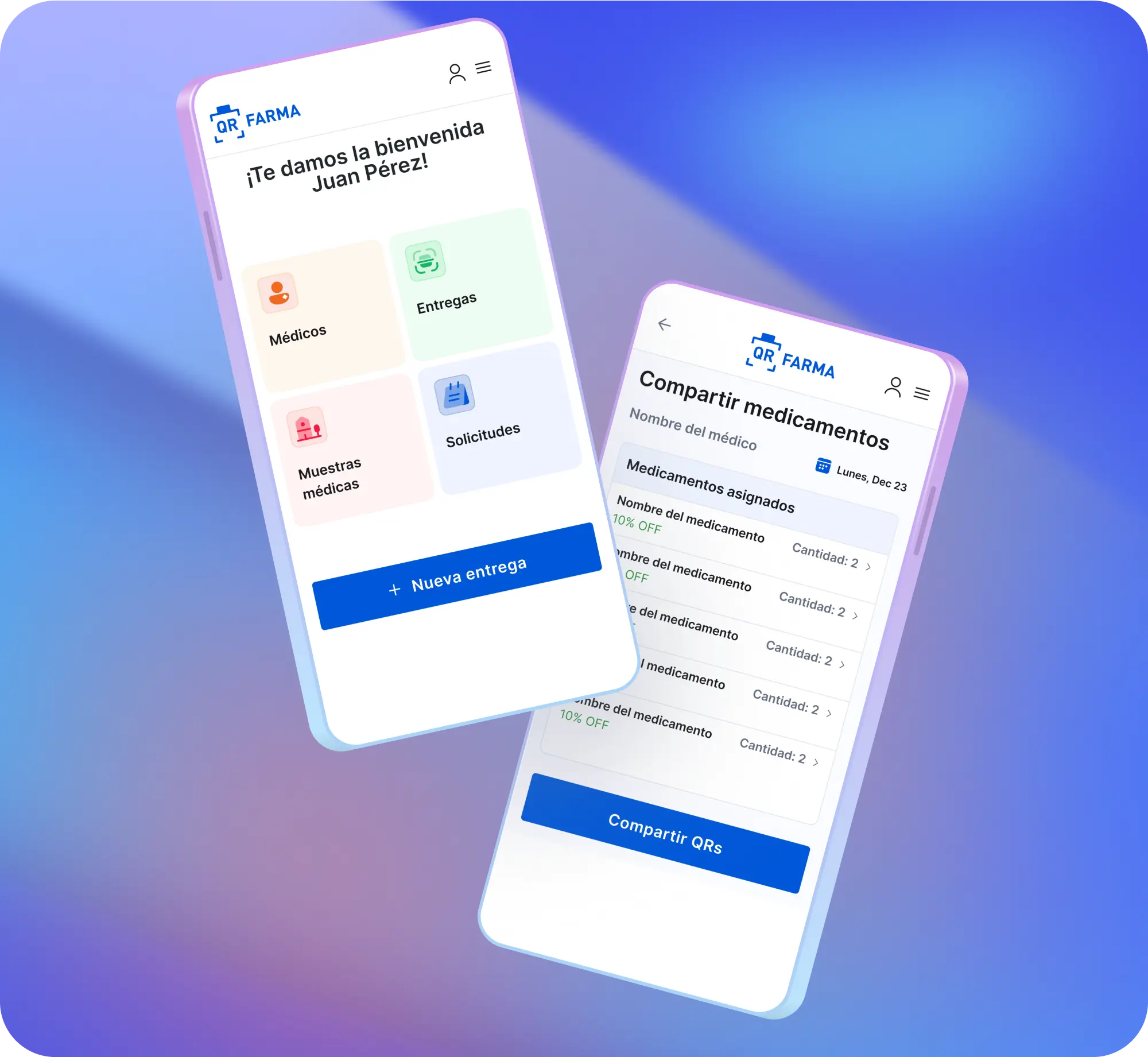 QR FARMA app dashboard and medication sharing screens mockup.