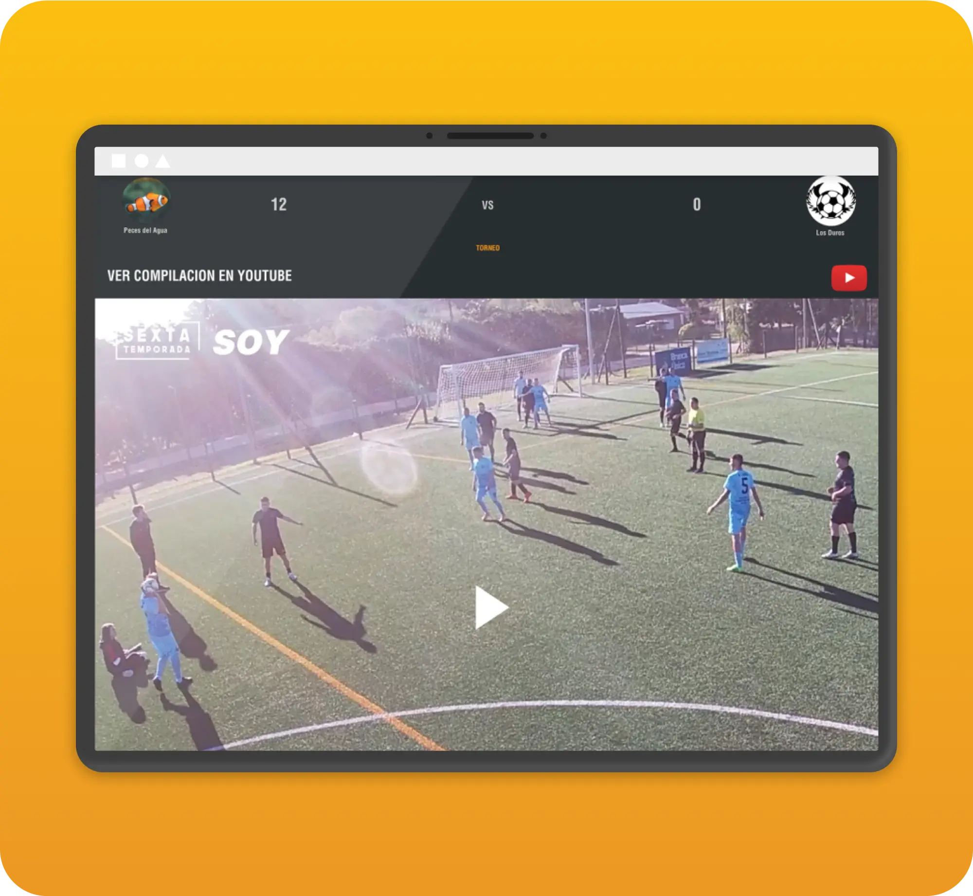 Tablet mockup displaying soccer match video player interface.