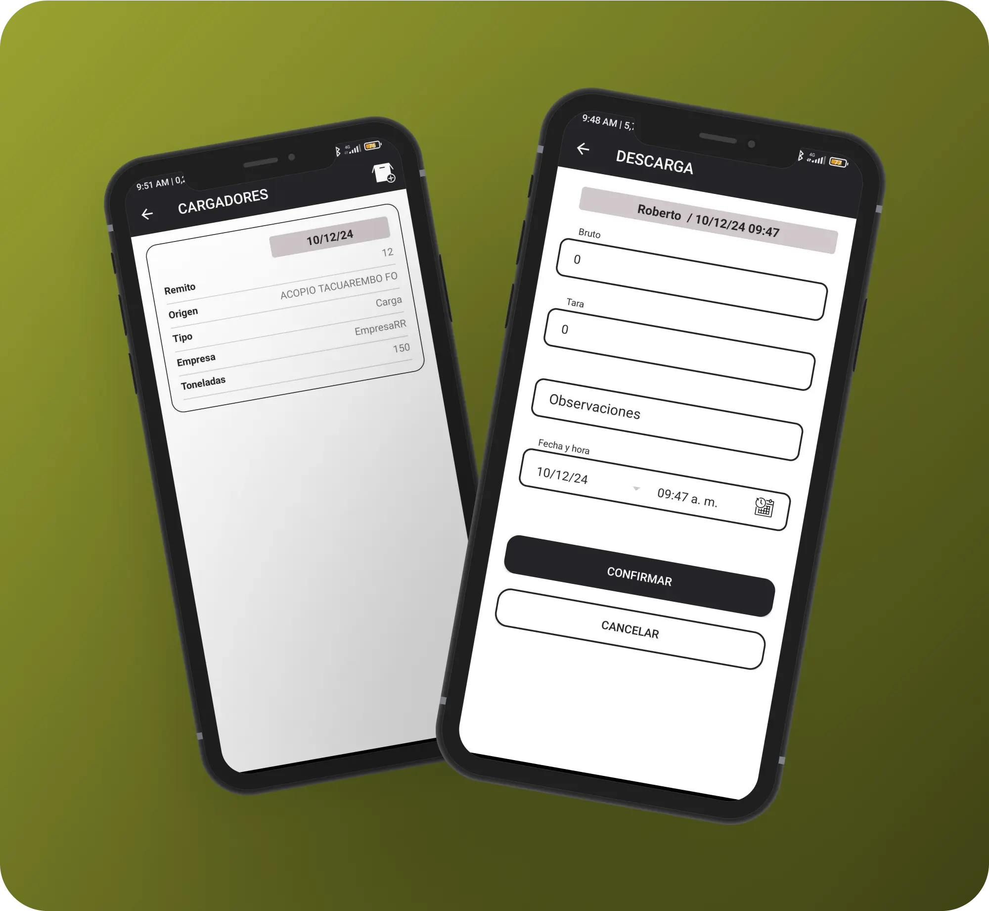 Smartphone mockups showing logistics app UI for shipper info and unloading.