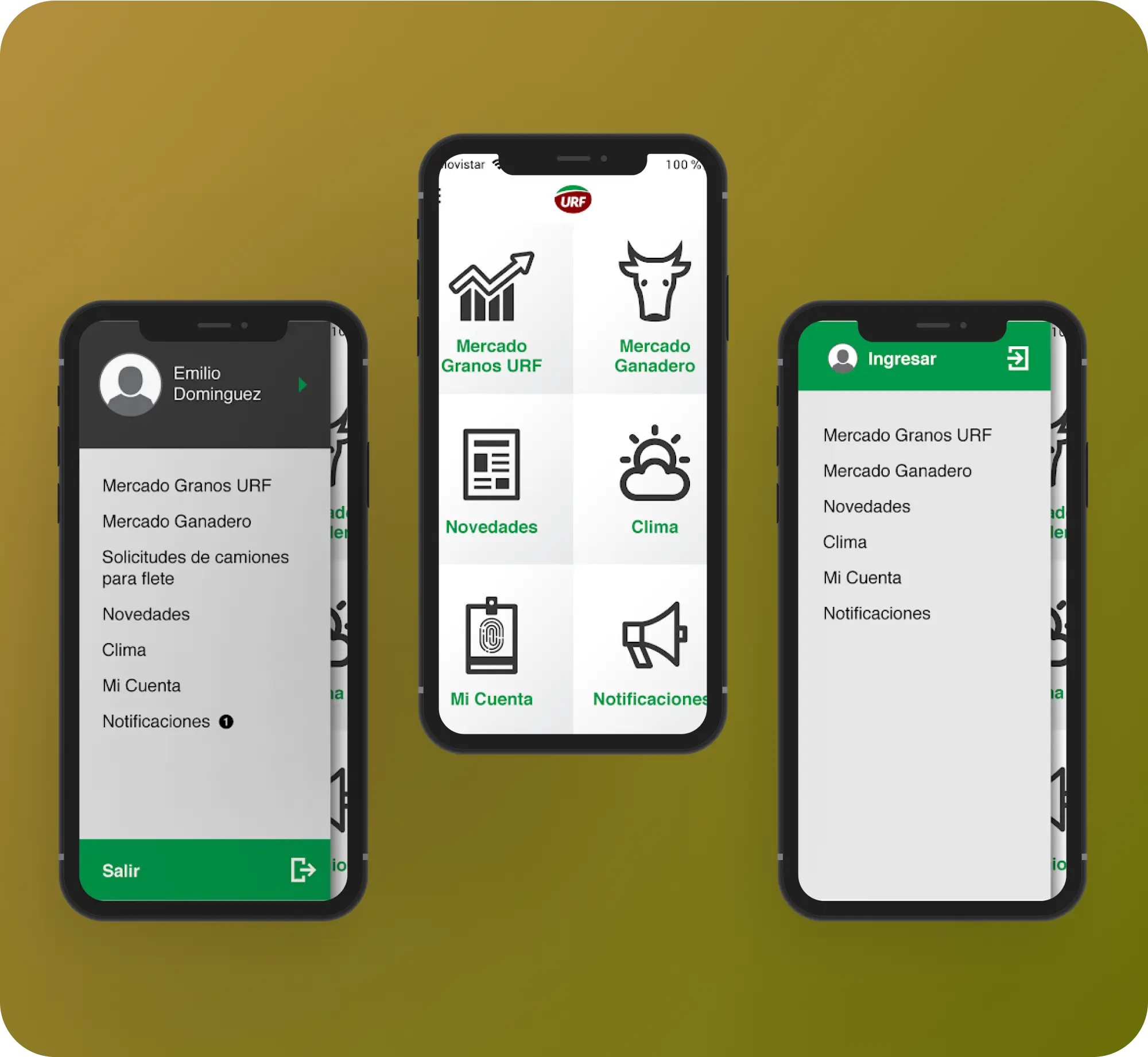 Three smartphone mockups showing agricultural market app UI screens.