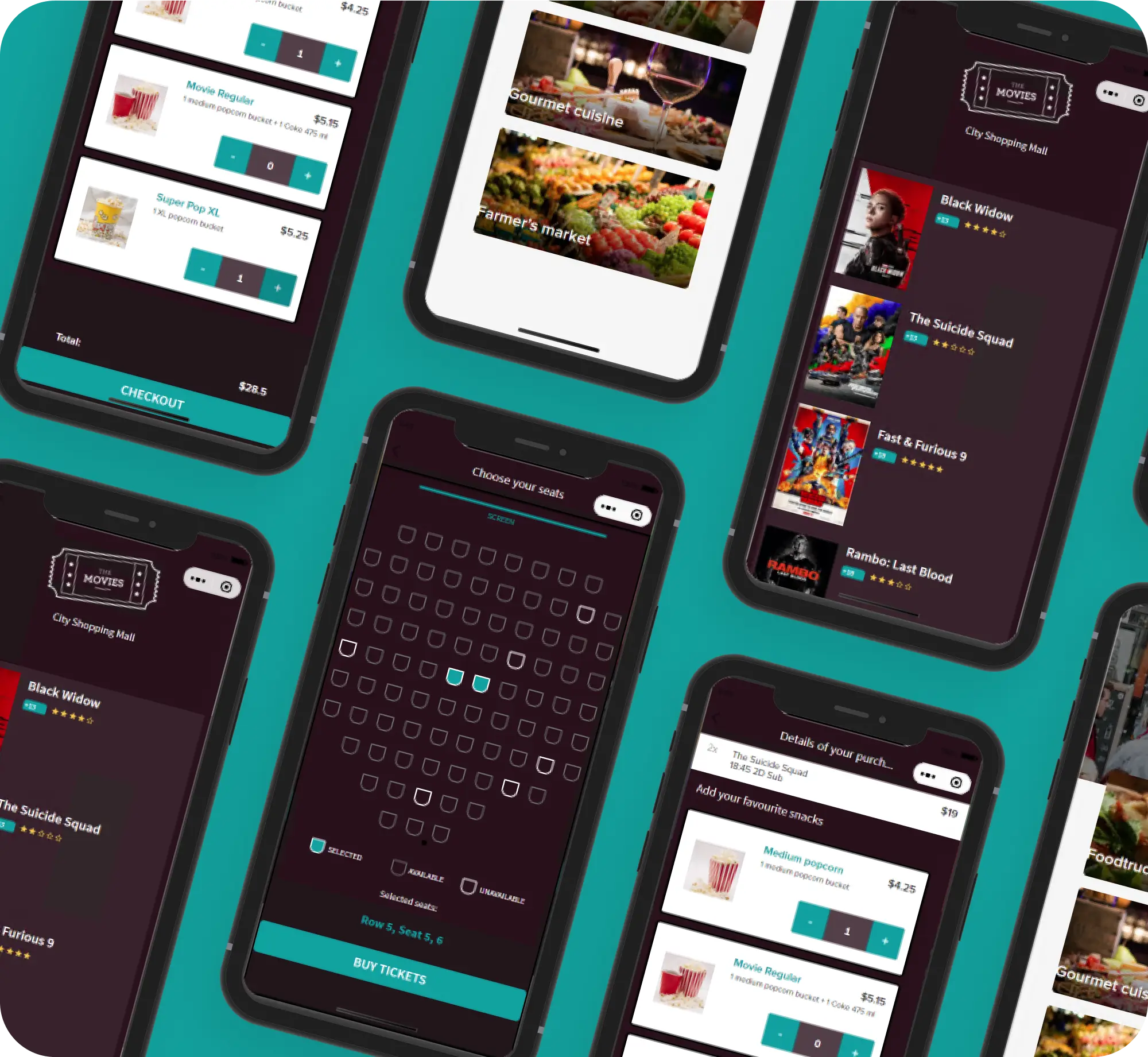 Overlapping smartphone screens displaying movie ticket and food app UI.