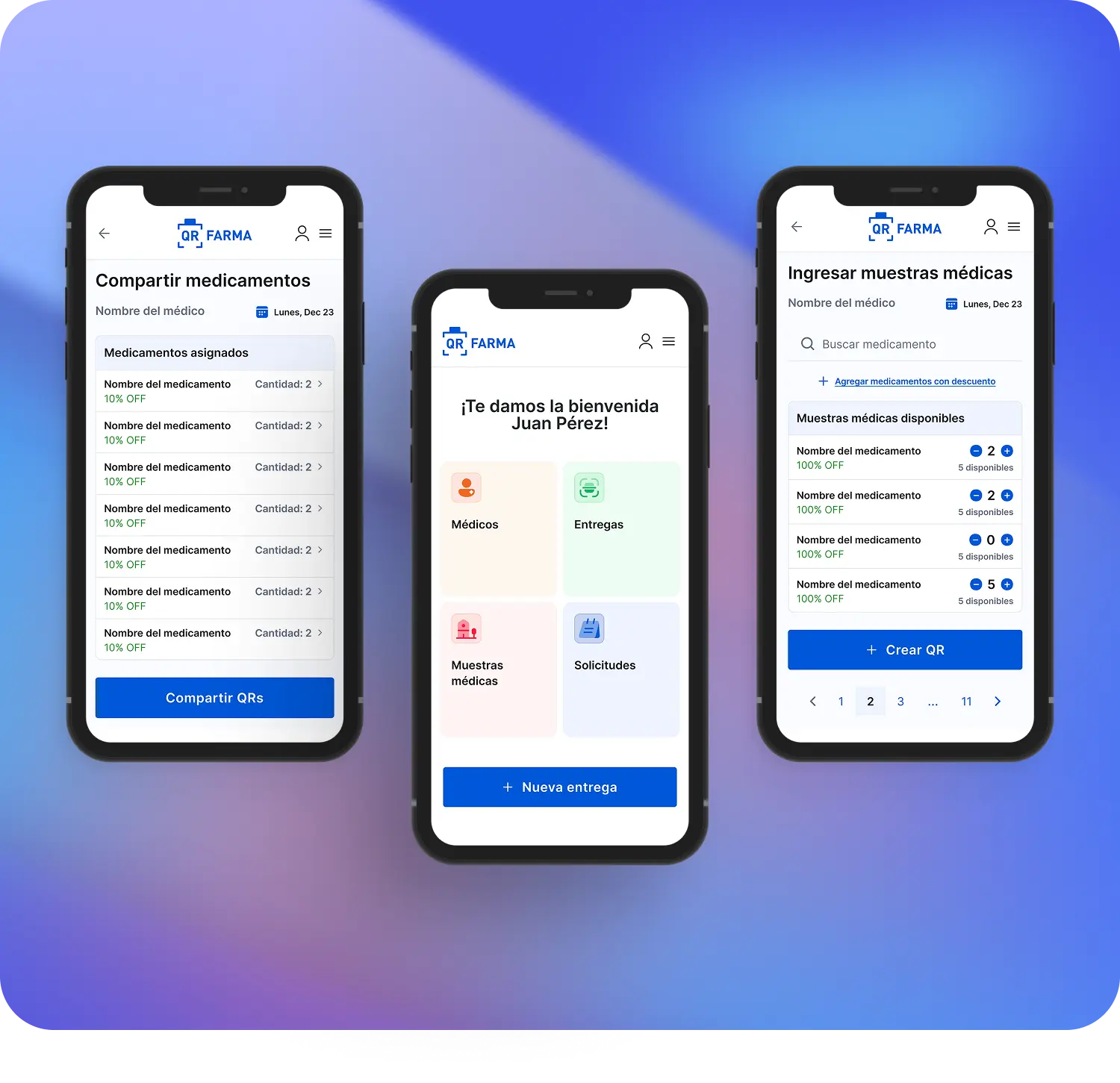 QR FARMA app dashboard and medication sharing screens mockup.